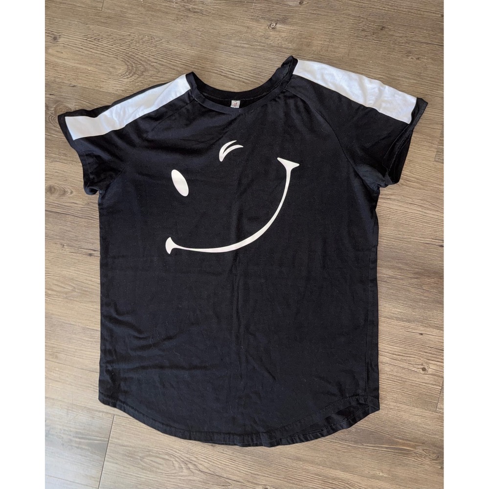 OrderPlus Mens Black Winking Smiley Face Graphic T-Shirt White Stripes Large
